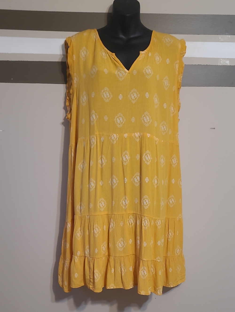 IVY Yellow Floral Tiered Sleeveless Mini Above Knee Dress Sz XL